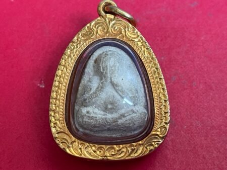 Rare amulet B.E.2517 Phra Pidta Prai Guman powder amulet with gem and golden casing by LP Tim (PID247)